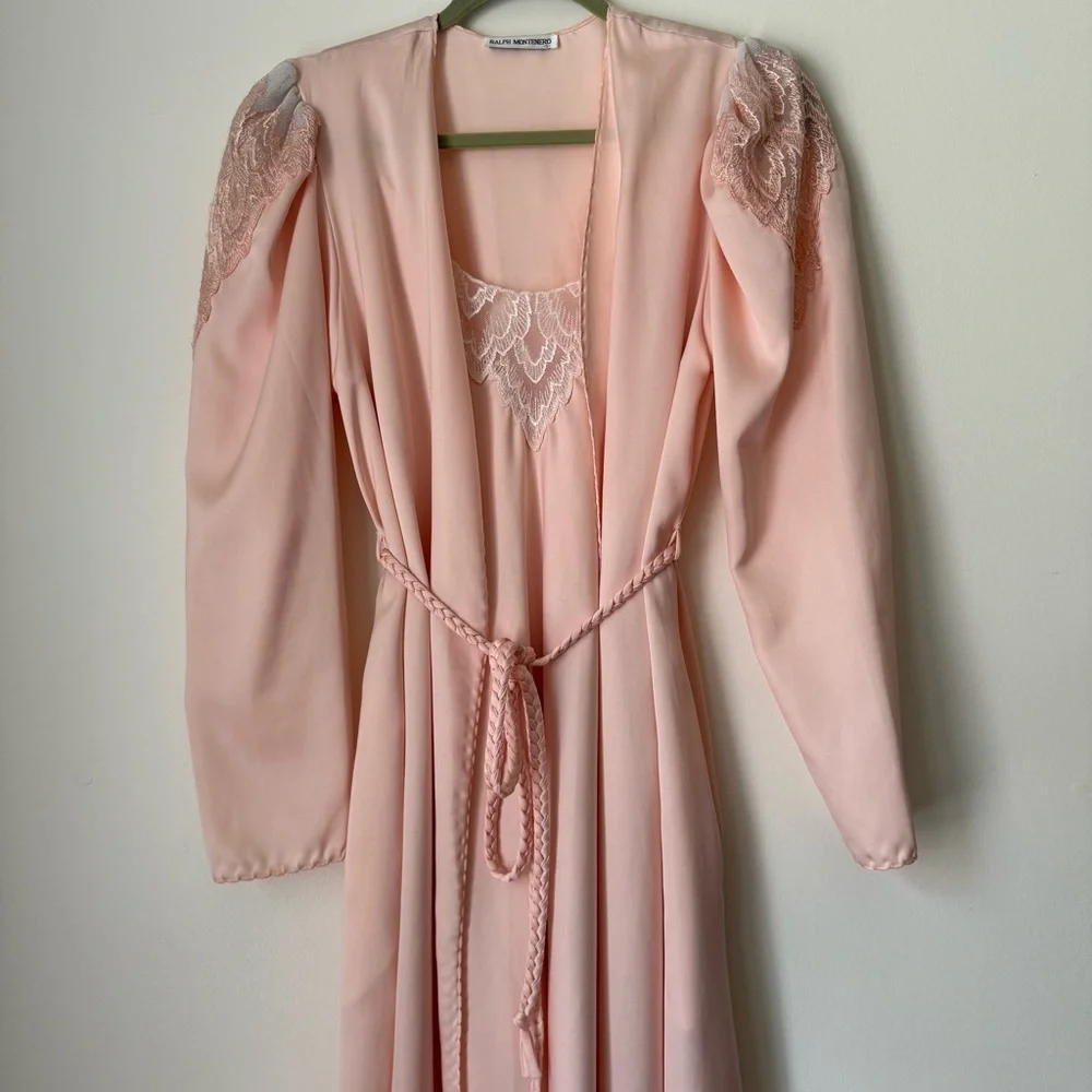 Ralph Montenero Vintage Pink Peignoir Set Maxi Slip Nightgown and Robe S